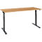 An adjustable height desk, light brown tabletop, black frame, against a white background.