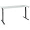 A white height-adjustable desk with gray metal legs on a white background.