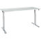A white, height-adjustable desk with silver legs.