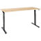 A height-adjustable desk with a light brown tabletop and black legs.