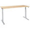 Light brown, height-adjustable desk against a white background. It has silver legs and a rectangular tabletop.