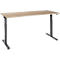 A height-adjustable desk with a light brown tabletop and dark gray legs against a white background.