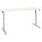 White height-adjustable desk with silver legs, isolated on a white background.