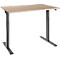 Height-adjustable desk with light brown tabletop and dark gray legs. Front view.