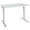Desk with white tabletop and silver frame. Height adjustable.