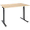 Height-adjustable desk, light brown tabletop, dark grey frame.