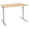 A light-colored, height-adjustable desk. It has a light wood top and gray legs secured with screws.