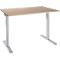 A height-adjustable desk with a light brown tabletop and silver legs.
