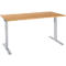 A light brown rectangular desk with silver adjustable legs. Set against a white background.