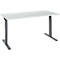 Height-adjustable desk on white background. White tabletop, grey legs.