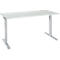 A white, rectangular desk with height-adjustable grey legs. The background is white.