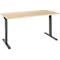 A height-adjustable desk with a light brown tabletop and black legs, against a white background.