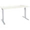 White height-adjustable desk with silver legs. There are two holes on the tabletop.