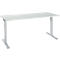 A white, height-adjustable desk against a light background. Silver legs, rectangular tabletop with holes.