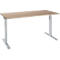 A light, height-adjustable desk against a white background. The tabletop is light brown, the legs are silver-gray.