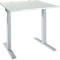 White, square desk, height-adjustable, with two feet. The tabletop has two openings.