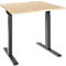 Height-adjustable desk with light brown tabletop and gray legs on a white background.