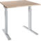 An adjustable height desk with light wood top and silver legs, against a white background.