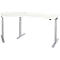 Wit, in hoogte verstelbaar bureau met afgeronde hoek, grijze poten, tegen een witte achtergrond.