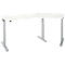 Witte hoekbureau met in hoogte verstelbare zilveren poten tegen een witte achtergrond.