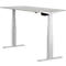 A white height-adjustable desk with a rectangular table top and two legs.