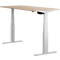 Light-colored, height-adjustable desk against a light background. Wooden tabletop, white legs and frame.