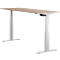 Height-adjustable desk with light wood top and white frame.