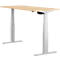 A height-adjustable desk with a light brown tabletop and a white frame. The controls are located under the tabletop.