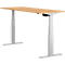 Light brown, height-adjustable desk on white frame. Black control panel.