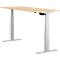 Light-colored height-adjustable desk, rectangular wooden tabletop, gray metal legs, black control panel.