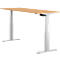 Height-adjustable desk with light wood top and white frame.