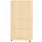 Bibliothèque en bois beige avec quatre étagères et roulettes.
