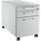 Gray mobile pedestal with three drawers and silver handles. It stands on castors.