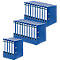 Several blue file folders, stacked. They have white labels with green stripes.