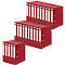 An arrangement of red lever arch files, stacked and arranged at different angles.