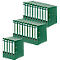 An arrangement of green folders stacked in several rows with white labels.