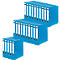Blue binders arranged in different stacks. Each binder has a white label on it.