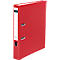 Red folder with white label. White lines on the back.