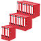 Several red lever arch files in stacks. Some have blank, writable labels.