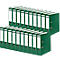 Green ring binders, arranged in rows, with white labels.