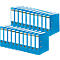 Light blue file folders, lined up, with white labels and black rings. Some are stacked on others.