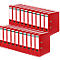 Red file folders, stacked in two rows, with white labels and metal eyelets.