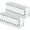 An arrangement of white binders standing in a row.