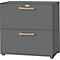 Grey cabinet with two drawers and wooden handles. Smaller handle on top. Standing on feet.