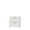 A white bedside table with two drawers and wooden handles. There is a handle on each drawer.