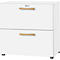 White filing cabinet with two drawers and wooden handles. There is a keyhole on the top drawer.