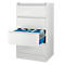 White filing cabinet with four drawers. One drawer is open, showing blue folders.