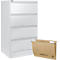 White 4-drawer filing cabinet, next to it a hanging file with imprint.