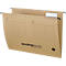 Brown cardboard hanging file with black hanger, label field and logo.