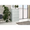 Light grey filing cabinet in an office with window and plant.